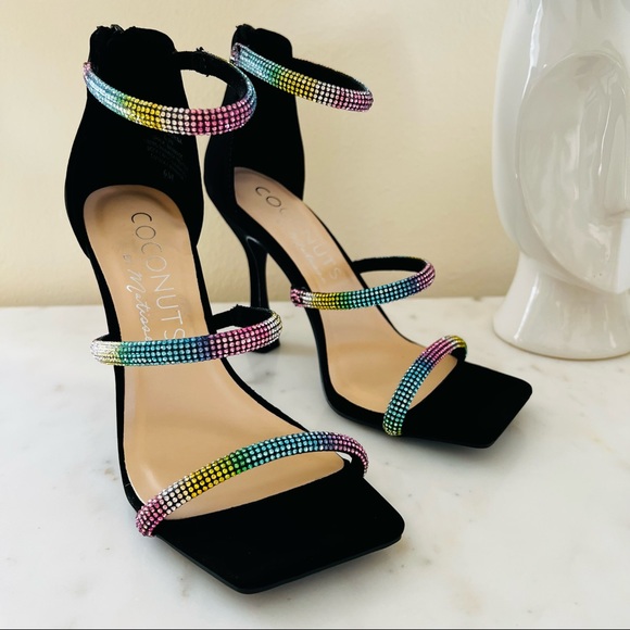 Coconuts by Matisse High Flared Heel Square Tow Rhinestone Strap Sandals Pumps - Picture 7 of 7